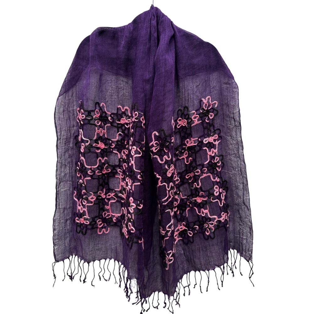 Purple Floral Embroidered Fringed Scarf Pink Black 3D Applique Wrap